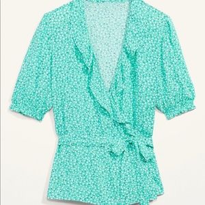Green floral wrap blouse